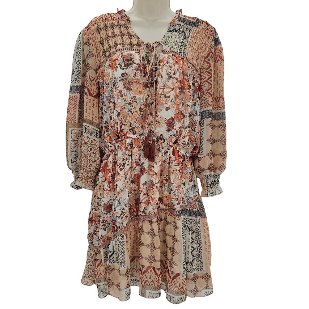 Miss Me Womans size L Boho Paisley Patchwork V-Neck 3/4 Sleeve Mini Dress Brown